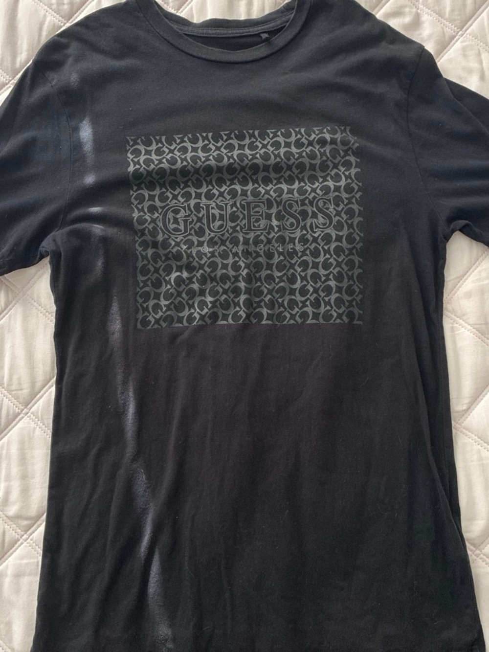 GUESS Black Crewneck Tee with Subtle Allover Logo Panel